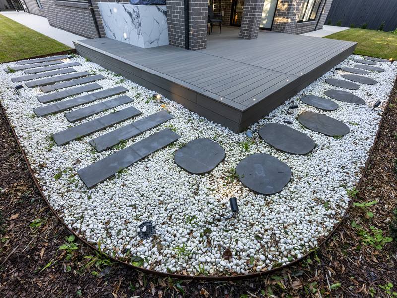 Composite deck with laser-cut screening and stone path, Mount Waverley VIC | MEG Outdoor